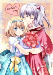  2girls alice_margatroid alice_margatroid_(pc-98) bad_id bad_pixiv_id blonde_hair blue_dress blue_eyes blue_hairband blush bouquet bow capelet carnation closed_eyes commentary_request dress flower framed grey_hair hair_bobbles hair_ornament hairband holding holding_bouquet long_hair mother&#039;s_day mother_and_daughter motherly multiple_girls one_side_up open_mouth red_carnation red_dress red_flower sakura_romu shinki_(touhou) shirt short_hair smile touhou touhou_(pc-98) white_hair 