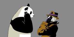  1boy anachronism bad_id bad_pixiv_id bear cellphone coat fedora hat iphone kumazawa2 mask panda phone product_placement rorschach simple_background smartphone trench_coat watchmen what 