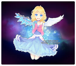  :d angel angel_wings artist_name asymmetrical_wings blonde_hair blue_eyes border borrowed_character cassie_(acerailgun) commentary cyborg detached_sleeves dress english_commentary feathered_wings female full_body highres ichiban_daisuki mechanical_arms mechanical_wings open_mouth original photoshop_(medium) single_mechanical_arm smile solo white_border wings 