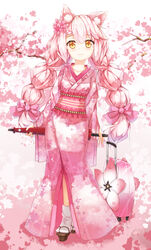  absurdres animal_ears bow braid cherry_blossoms chinese_commentary commentary female floral_print flower full_body geta hair_flower hair_ornament hairbow highres holding holding_umbrella ice_laozei japanese_clothes kimono long_hair looking_at_viewer obi oerba_yun_fang oil-paper_umbrella photoshop_(medium) pink_bow pink_flower pink_hair pink_kimono pink_theme sash shimakaze_(warship_girls_r) solo standing tabi twin_braids umbrella very_long_hair warship_girls_r wide_sleeves yellow_eyes 