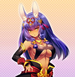  :o alternate_breast_size animal_ears breasts checkered_background cleavage commentary_request dark-skinned_female dark_skin detached_sleeves female gradient_background hair_ornament jewelry kanikame large_breasts long_hair masurao_(sekaiju) masurao_4_(sekaiju) navel necklace open_mouth purple_hair rabbit_ears sekaiju_no_meikyuu sekaiju_no_meikyuu_5 sidelocks solo upper_body yellow_eyes 