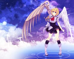  angel angel_wings ascot asymmetrical_wings bad_deviantart_id bad_id blonde_hair blue_eyes borrowed_character bow cassie_(acerailgun) cloud cloudy_sky cyborg feathered_wings female full_body knees_together_feet_apart mechanical_arms mechanical_wings original power_lines seishiki silhouette single_mechanical_arm skirt sky smile solo standing standing_on_liquid star_(sky) starry_sky wings 