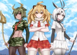  3girls abs animal_costume animal_ears antenna_hair arabian_oryx_(kemono_friends) arms_at_sides aurochs_(kemono_friends) bare_arms big_hair black_hair blonde_hair breast_pocket cat_girl closed_mouth collared_shirt commentary cow_ears cow_girl cow_horns cow_tail cowboy_shot crop_top cropped_shirt cuffs dark-skinned_female dark_skin day earrings empty_eyes expressionless extra_ears fur_collar gazelle_ears gazelle_tail grey_eyes grey_hair highres holding holding_weapon horn_lance horns jewelry kemono_friends layered_sleeves lion_(kemono_friends) lion_costume lion_ears lion_tail long_sleeves looking_at_viewer medium_hair midriff miniskirt multiple_girls navel necktie outdoors pantyhose pencil_skirt plaid plaid_neckwear plaid_skirt plaid_sleeves pleated_skirt pocket polearm red_necktie riro_(breakthrough_rr) shirt short_over_long_sleeves short_sleeves sidelocks skirt smile standing stomach striped striped_necktie tail thighhighs toned toned_female two-tone_background weapon wing_collar yellow_eyes zettai_ryouiki 