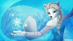  16:9 2017 5_fingers alternate_species anthro arctic_fox black_claws blue_clothing breasts canid canine claws clothed clothing disney eipril female finger_claws fingers fox frozen_(movie) fur furrification grey_hair hair looking_at_viewer mammal monotone_hair queen_elsa_(frozen) solo text true_fox url widescreen 