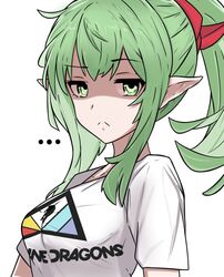  ... :&lt; alternate_costume band_shirt female fire_emblem fire_emblem:_mystery_of_the_emblem fire_emblem:_shadow_dragon_and_the_blade_of_light fire_emblem_awakening frown green_eyes green_hair group_name imagine_dragons long_hair merchandise pointy_ears ponytail raised_eyebrow shaded_face shirt simple_background solo t-shirt tavi_(hosheezus) tiki_(adult)_(fire_emblem) tiki_(fire_emblem) unamused 