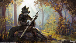  4_toes 5_fingers armor black_body black_fur canid canine canis clothed clothing ears_up feet fingers fur grass green_eyes hair happy holding_object male mammal melee_weapon nature one_eye_closed paws plant rock sitting smile solo sword tail_down teeth thanshuhai toes tree weapon white_body white_fur wolf 