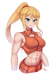  abs absurdres artist_name bare_arms bare_shoulders biceps blonde_hair blue_eyes blush breasts cleavage closed_mouth collarbone cowboy_shot crop_top cropped_legs female hair_between_eyes hair_ornament highres large_breasts long_hair looking_at_viewer medium_breasts metroid metroid_(classic) metroid_prime midriff muscular muscular_female navel obliques orange_sports_bra ponytail samus_aran sidelocks signature simple_background solo sports_bra standing stomach tank_top thighs toned upper_body wakaba_(wata_ridley) white_background 