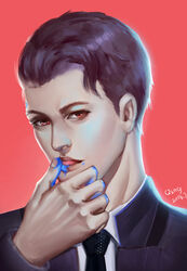  1boy android artist_name black_hair blood blue_blood commentary connor_(detroit) dated detroit:_become_human formal highres licking licking_finger looking_at_viewer male_focus necktie photoshop_(medium) red_background red_eyes solo suit upper_body yiqing_(yohare) 