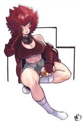  alcohol big_hair borrowed_character bottle breasts cleavage closed_eyes commentary commission english_commentary eymbee female fingerless_gloves full_body gloves headphones headphones_around_neck highres invisible_chair jacket large_breasts no_shoes off_shoulder open_mouth original red_hair red_jacket shorts simetty sitting sleeping sleeping_upright socks solo sports_bra thick_eyebrows thighs 