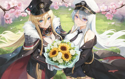  2girls azur_lane bare_shoulders bismarck_(azur_lane) bismarck_(coat_of_arms) black_coat black_dress black_headwear black_necktie black_skirt blonde_hair blue_eyes bouquet breasts cape cherry_blossoms cleavage closed_mouth coat coat_of_arms collarbone collared_shirt commentary_request cowboy_shot cross dress enterprise_(azur_lane) floating_hair fur-trimmed_cape fur_trim gloves gold_trim grass hair_between_eyes hat highres holding holding_bouquet iron_cross large_breasts long_bangs long_hair long_sleeves looking_at_viewer maoh_yueer military_hat military_uniform miniskirt multiple_girls necktie open_clothes open_coat peaked_cap pleated_skirt purple_eyes shadow shirt sidelocks skirt sleeveless sleeveless_shirt smile standing tree uniform very_long_hair white_hair white_headwear white_shirt 