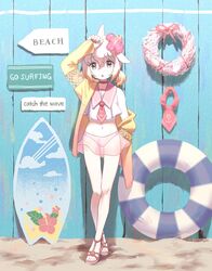  adapted_costume anchor_symbol bare_shoulders bikini bikini_skirt blonde_hair bow bowtie chicha_(chi_cha_rigbo) chinese_white_dolphin_(kemono_friends) choker commentary_request crop_top dolphin_girl dorsal_fin english_text female flower full_body hair_flower hair_ornament highres jacket kemono_friends multicolored_hair orange_hair pink_bikini pink_bow pink_bowtie pink_hair sailor_collar sand sandals shirt short_hair short_twintails sleeveless solo swimsuit twintails white_shirt yellow_jacket 