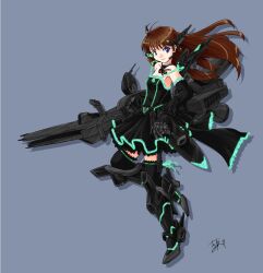  bare_shoulders black-yuzunyan black_dress brown_hair choker commentary_request dress elbow_gloves female frills gloves green-tinted_eyewear huge_weapon long_hair looking_over_eyewear mecha_musume neon_trim original railgun robot_ears scouter signature simple_background solo thighhighs thrusters tinted_eyewear weapon 