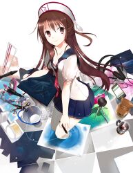  art_brush boxcutter breasts brown_eyes brown_hair bucket canvas_(object) cleavage coffee_mug cup digital_camera digital_media_player female hat headphones highres komori_(pixiv_80390) looking_at_viewer marker mug original paintbrush pen school_uniform scissors serafuku small_breasts smile solo standing stapler tape_dispenser tripod wading 