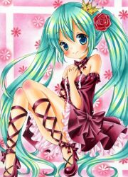  aqua_eyes aqua_hair bad_id bad_pixiv_id blush commentary detached_sleeves dress female flower hair_flower hair_ornament hand_on_own_chest hatsune_miku high_heels hinako_(turip-turop) long_hair marker_(medium) pastel_(medium) project_diva_(series) project_diva_2nd romeo_to_cinderella_(vocaloid) shoes sitting smile solo traditional_media twintails very_long_hair vocaloid 