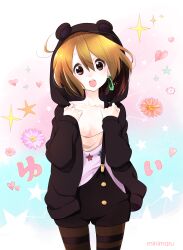  animal_ears artist_name bear_ears blush brown_eyes brown_hair character_name collarbone commentary_request earrings female flat_chest flower hair_between_eyes heart highres hirasawa_yui hood hoodie jewelry k-on! looking_at_viewer minimaru no_bra open_mouth pantyhose short_hair smile solo standing star_(symbol) striped_clothes striped_pantyhose teeth upper_teeth_only vertical_stripes 