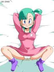  blue_eyes blush breasts bulma_briefs dragon_ball dress green_hair looking_at_viewer old_school_academy panties short_hair smile socks solo spread_legs underwear 