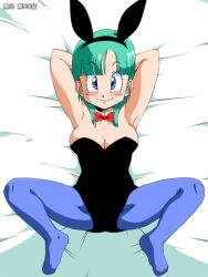  animal_ears blue_eyes blush breasts bulma_briefs bunny_ears bunny_girl cleavage dragon_ball green_hair looking_at_viewer old_school_academy smile solo spread_legs 