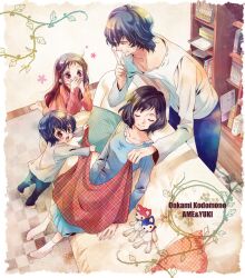  2boys 2girls ame_(ookami_kodomo) black_hair brown_eyes brown_hair closed_eyes commentary_request family father_and_daughter father_and_son hana_(ookami_kodomo) long_hair mother_and_daughter mother_and_son multiple_boys multiple_girls ookami_kodomo_no_ame_to_yuki ookami_otoko pollyanna-eri short_hair sleeping smile yuki_(ookami_kodomo) 