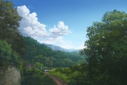  bad_id bad_pixiv_id boom_barrier building cloud day forest grass mountain nature no_humans original outdoors railroad_crossing railroad_tracks scenery sky toshiyu_(10shi_yu) tree 