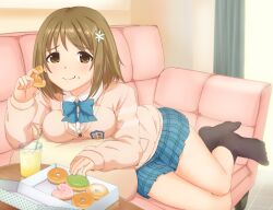  :t blush bow breast_press breasts brown_hair cardigan commentary_request couch cup curtains doughnut drink drinking_straw eating female food food_on_face glutton hair_ornament heart holding idolmaster idolmaster_cinderella_girls medium_breasts mimura_kanako nattsu_(pegimin) plaid plaid_skirt pleated_skirt plump school_uniform short_hair skirt smile socks solo 