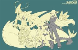  coat crossed_arms cynthia_(pokemon) female garchomp hair_ornament hair_over_one_eye highres long_hair lucario milotic monochrome pokemon pokemon_(creature) pokemon_dppt roserade shigino_sohuzi spiritomb togekiss 