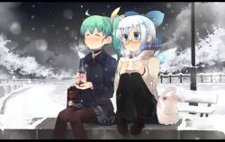  2girls ^_^ ahoge alternate_costume bag bespectacled black_pantyhose blue_eyes blue_hair character_doll cirno closed_eyes cold commentary_request contemporary cup daiyousei glasses green_hair holding hood hoodie ice ice_wings knees_together_feet_apart legs_folded letterboxed lily_white loafers multiple_girls pantyhose pigeon-toed school_uniform shin_(new) shoes short_hair side_ponytail sitting skirt snowing steam touhou wings 