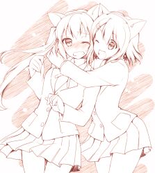  2girls ;d animal_ears bad_id bad_pixiv_id blazer blush cat_ears gunp hair_ornament hairclip hirasawa_yui hug jacket k-on! monochrome multiple_girls nakano_azusa one_eye_closed open_mouth sakuragaoka_high_school_uniform school_uniform short_hair skirt smile twintails wavy_mouth 