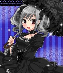  asahana_jun black_dress black_umbrella blush commentary_request dress female grey_hair idolmaster idolmaster_cinderella_girls kanzaki_ranko long_sleeves open_mouth photoshop_(medium) puffy_sleeves red_eyes short_hair solo twintails umbrella wide_sleeves 