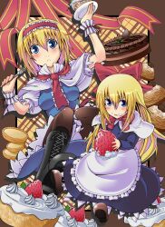  2girls :&lt; alice_margatroid apron arm_up blonde_hair blue_dress blue_eyes blush boots bow breasts cake capelet chocolate_cake commentary_request cream cream_on_face cross-laced_footwear dress eating food food_on_face fork fruit hairband highres irie_keisuke_(handn) knees_together_feet_apart long_hair long_sleeves looking_at_viewer medium_breasts mont_blanc_(food) multiple_girls oversized_food oversized_object plate puffy_sleeves ribbon shanghai_doll short_hair short_sleeves strawberry tart_(food) touhou waist_apron whipped_cream wrist_cuffs wrist_ribbon 