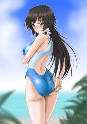  adjusting_clothes adjusting_swimsuit ass back beach black_hair blue_one-piece_swimsuit blush breast_hold breasts cloud commentary_request competition_swimsuit day embarrassed female from_behind frown hair_ribbon large_breasts leaf long_hair looking_at_viewer looking_back misnon_the_great muv-luv muv-luv_alternative muv-luv_total_eclipse nose_blush ocean one-piece_swimsuit outdoors purple_eyes racerback raised_eyebrows ribbon sky solo swimsuit takamura_yui tress_ribbon very_long_hair white_one-piece_swimsuit 