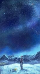  1boy bad_id bad_pixiv_id baseball_cap doller_38 hands_in_pockets hat highres mountain mt._silver night night_sky outdoors photoshop_(medium) pikachu pokemon pokemon_(creature) pokemon_rgby red_(pokemon) sky snow snowman star_(symbol) 