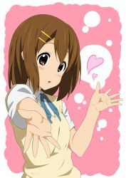  blush_stickers brown_eyes brown_hair commentary_request female hair_ornament hairclip heart highres hirasawa_yui iyakun k-on! official_style open_mouth outstretched_hand sakuragaoka_high_school_uniform school_uniform short_hair short_sleeves solo sweater_vest 