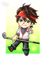  ball brown_eyes brown_hair chibi clap_hanz golf_ball golf_club lowres minna_no_golf peace_sign smile v visor yamato_(minna_no_golf) 