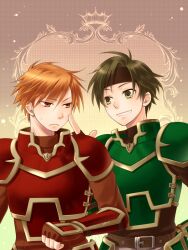  2boys armor belt brown_eyes brown_hair commentary_request fire_emblem fire_emblem:_the_blazing_blade green_armor grin index_finger_raised kent_(fire_emblem) kiyuu male_focus multiple_boys orange_eyes orange_hair red_armor sain_(fire_emblem) smile sweatdrop 