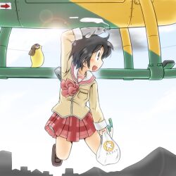  aircraft bag bird black_eyes black_hair cigarette commentary_request female fish gaketsu grocery_bag helicopter mogura_(nichijou) nichijou school_uniform shinonome_nano shopping_bag short_hair skirt smile solo tokisadame_school_uniform winding_key 