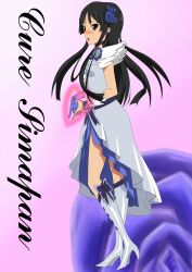  akiyama_mio alternate_hairstyle black_eyes black_hair blush breasts cosplay cure_moonlight cure_moonlight_(cosplay) dress female heartcatch_precure! highres hime_cut k-on! long_hair looking_at_viewer precure simple_background skirt solo very_long_hair 