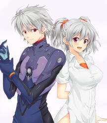  1boy :d angel_chromosome_xx breasts commentary_request dress_shirt female large_breasts looking_at_viewer nagisa_kaworu namakemono_(u446644k) neon_genesis_evangelion open_mouth plugsuit red_eyes shirt short_hair simple_background smile tabris-xx twintails white_background white_shirt 