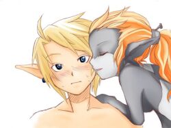  1boy artist_request blonde_hair blue_eyes blush closed_eyes earrings female jewelry kissing kissing_cheek link long_hair midna nude orange_hair pointy_ears scrunchie sweatdrop the_legend_of_zelda the_legend_of_zelda:_twilight_princess 