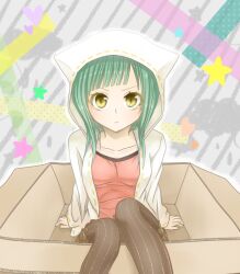  box cat_food_(vocaloid) commentary_request female green_hair hatsune_miku hood hoodie in_box in_container looking_at_viewer nyakelap pantyhose solo star_(symbol) striped_clothes striped_pantyhose vertical-striped_clothes vertical-striped_pantyhose vocaloid yellow_eyes 