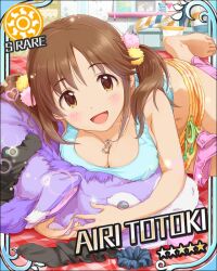  :d barefoot bed bed_sheet bedroom breast_rest breasts brown_eyes brown_hair card_(medium) character_name cleavage crop_top female hair_ornament idolmaster idolmaster_cinderella_girls indoors jewelry large_breasts looking_at_viewer lying midriff official_art on_bed open_mouth pendant shorts sleeveless smile socks solo stuffed_animal stuffed_donkey stuffed_toy sun_symbol tank_top totoki_airi twintails unworn_socks 