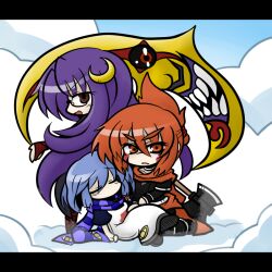  3girls angry axe blood blood_on_clothes blood_on_face blue_hair cape closed_eyes commentary_request crescent folded_ponytail glasses hair_up letterboxed long_hair mikazuki_aoi multiple_girls oerba_yun_fang oono_mayu pixiv_azriel purple_hair red_eyes red_hair scarf short_hair weapon yanagi_(nurikoboshi) yumeshima_kanata 