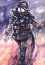  bad_id bow braid drum_magazine female grey_eyes grin gun hairbow hat holster long_hair magazine_(weapon) original panzer_(p.z) pouch ppsh-41 silver_hair single_braid smile solo soviet star_(symbol) submachine_gun tail trigger_discipline very_long_hair weapon 