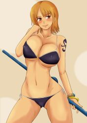  bikini blush bracelet breasts brown_eyes cleavage female highres jewelry large_breasts looking_aside momo_765 nami nami_(one_piece) navel one_piece orange_hair pirate short_hair solo swimsuit 