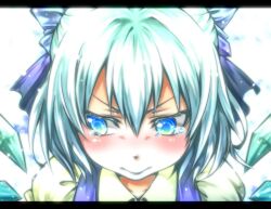  aqua_eyes aqua_hair blue_dress blush bow cirno commentary_request dress female hairbow letterboxed nora_wanko portrait shirt short_hair solo tears touhou wings 