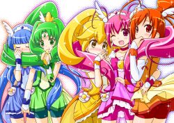  5girls :t ;d antenna_hair aoki_reika banana between_legs bike_shorts blonde_hair blue_hair blue_skirt blush bow bowtie brooch choker circlet closed_eyes commentary_request cure_beauty cure_happy cure_march cure_peace cure_sunny earrings eating food fruit green_eyes green_hair green_shorts green_skirt hair_bun hair_flaps hair_ornament hair_scarf hairpin hand_between_legs head_wings high_ponytail hino_akane_(smile_precure!) hoshizora_miyuki jewelry long_hair magical_girl midorikawa_nao multiple_girls one_eye_closed open_mouth orange_eyes orange_hair orange_skirt pink_bow pink_bowtie pink_choker pink_eyes pink_hair pink_shorts pink_skirt ponytail precure short_hair shorts shorts_under_skirt single_hair_bun skirt smile smile_precure sparkle tiara tri_tails twintails very_long_hair wide_ponytail wings yayoi_kise yellow_eyes yellow_shorts yellow_skirt yuuma_(skirthike) 