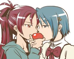  2girls apple blue_eyes blue_hair bow commentary_request eating food fruit hair_ornament long_hair mahou_shoujo_madoka_magica mahou_shoujo_madoka_magica_(anime) miki_sayaka mitakihara_school_uniform mukiki multiple_girls ponytail red_eyes red_hair ribbon sakura_kyoko school_uniform shared_food short_hair yuri 