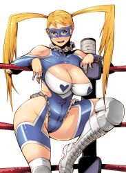  blonde_hair blue_hair blue_leotard boots breasts butcherboy cleavage cleavage_cutout clothing_cutout commentary english_commentary female hair_pulled_back highres knee_pads large_breasts leotard mask photoshop_(medium) rainbow_mika shoulder_cutout simple_background smile solo street_fighter street_fighter_zero_(series) thick_thighs thigh_boots thighhighs thighs twintails white_background wide_hips 