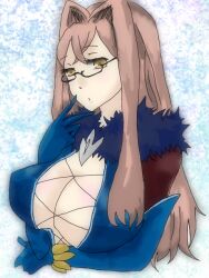  blue_background breasts brown_eyes brown_hair cleavage elbow_gloves female fur glasses gloves long_hair presa_(tales) preza tales_of_(series) tales_of_xillia 