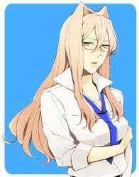  animal_ears belt blue_background breasts brown_eyes brown_hair cat_ears female glasses long_hair lowres necktie open_mouth presa_(tales) preza tales_of_(series) tales_of_xillia 