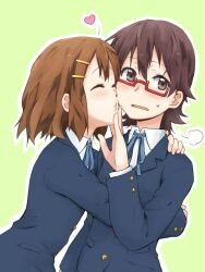  2girls blush brown_eyes brown_hair closed_eyes commentary_request glasses hair_ornament hairclip hirasawa_yui hug k-on! kagiana kissing manabe_nodoka multiple_girls o3o red-framed_eyewear sakuragaoka_high_school_uniform school_uniform semi-rimless_eyewear short_hair sweatdrop under-rim_eyewear yuri 